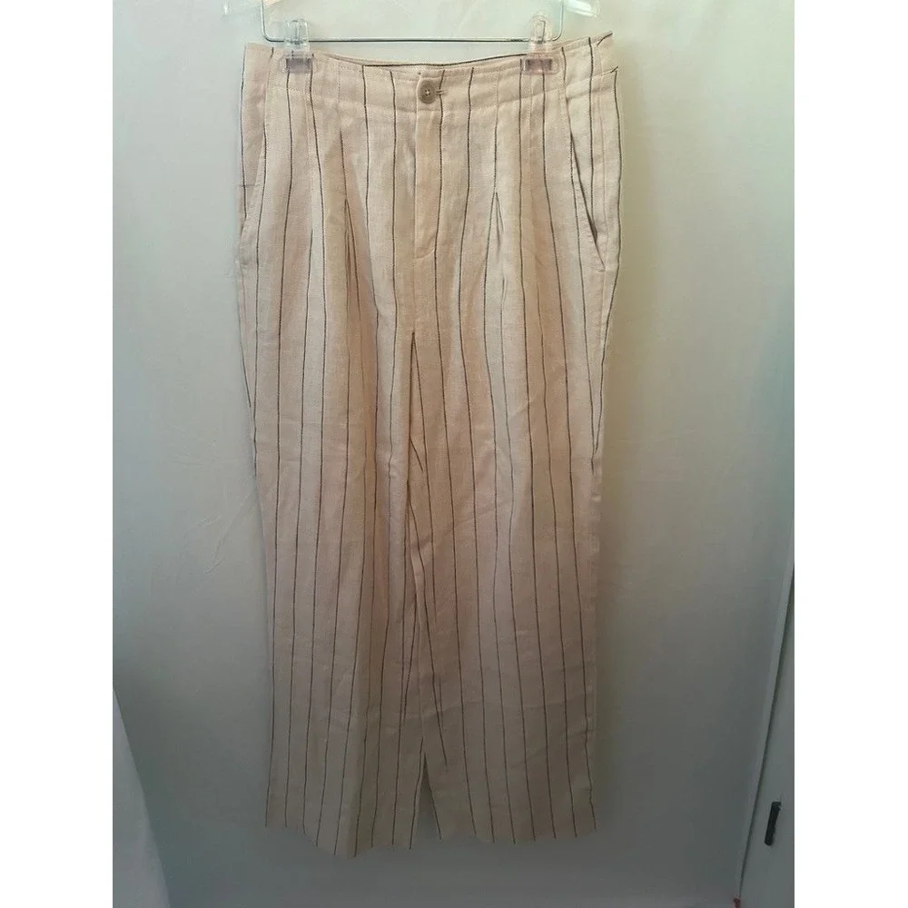 Banana Republic Womens 8 Beige Pinstripe 100% Linen Wide Leg Pants High Rise
